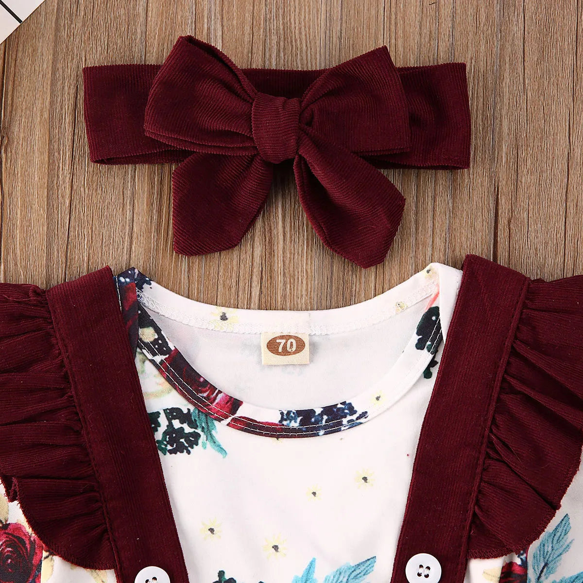 Floral Bodysuit & Suspender Skirt Set with Bow