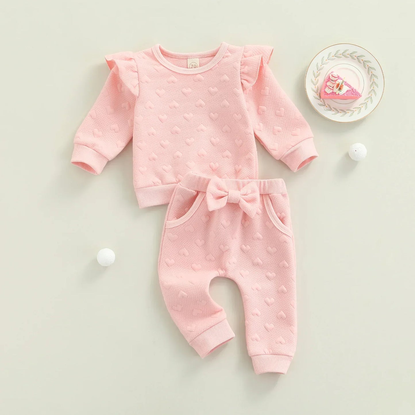 Pink Embossed Heart Baby Set with Bow