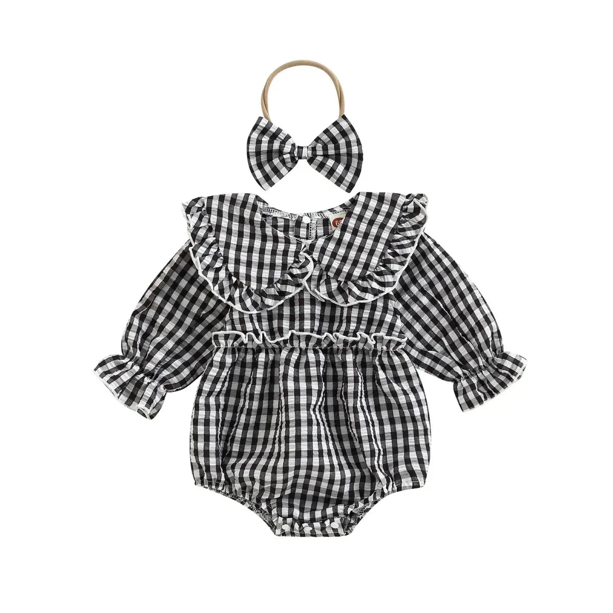Gingham Ruffle Collar Romper with Bow - Betina Baby & Kids