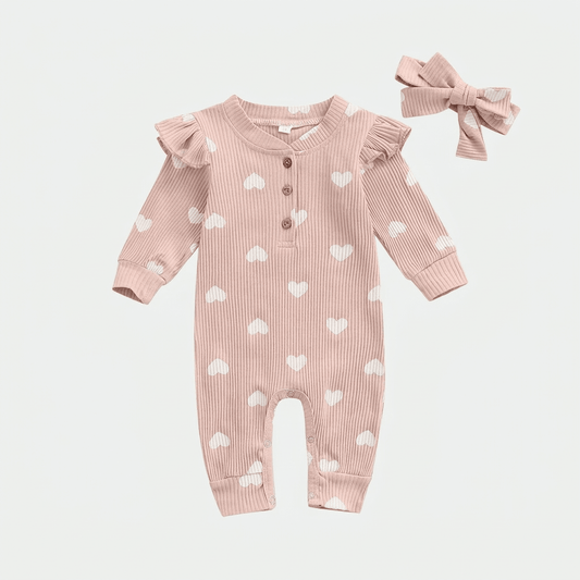 Heart Print Baby Romper with Bow Headband - Betina Baby & Kids