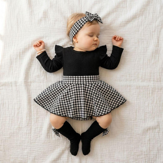 Maison Elegance Houndstooth Long Sleeve Dress 3 Pçs - Betina Baby & Kids