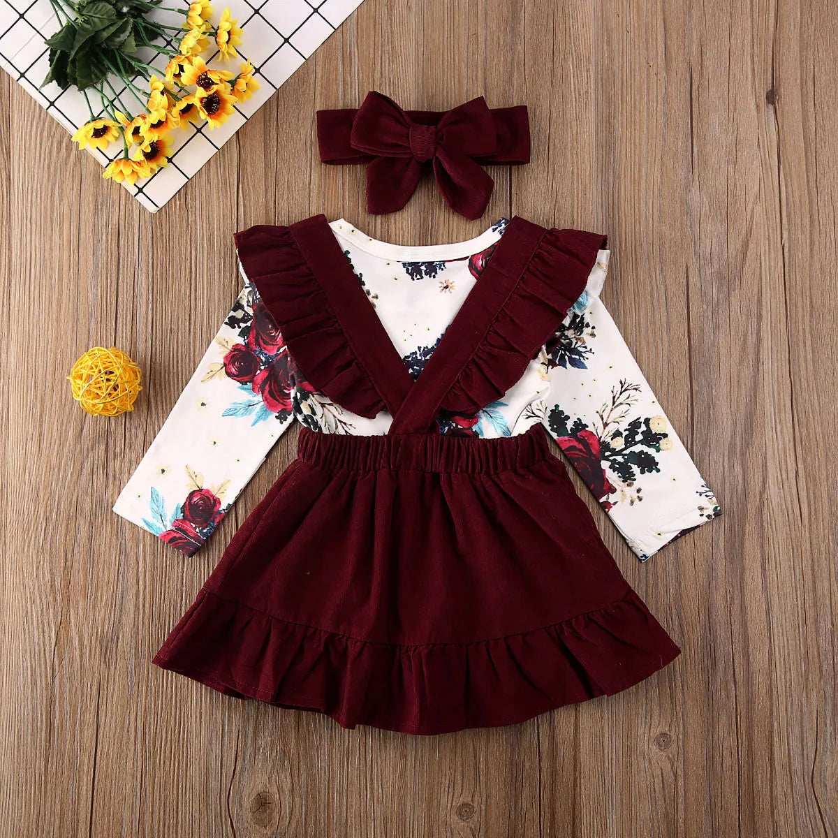 Floral Bodysuit & Suspender Skirt Set with Bow
