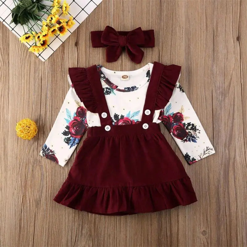 Floral Bodysuit & Suspender Skirt Set with Bow