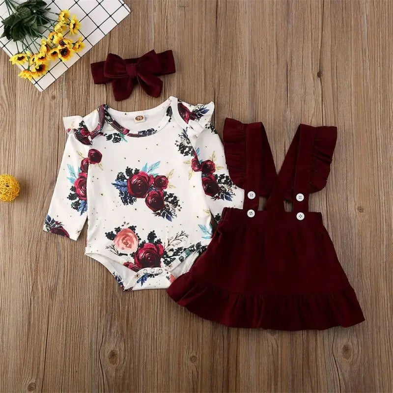 Floral Bodysuit & Suspender Skirt Set with Bow