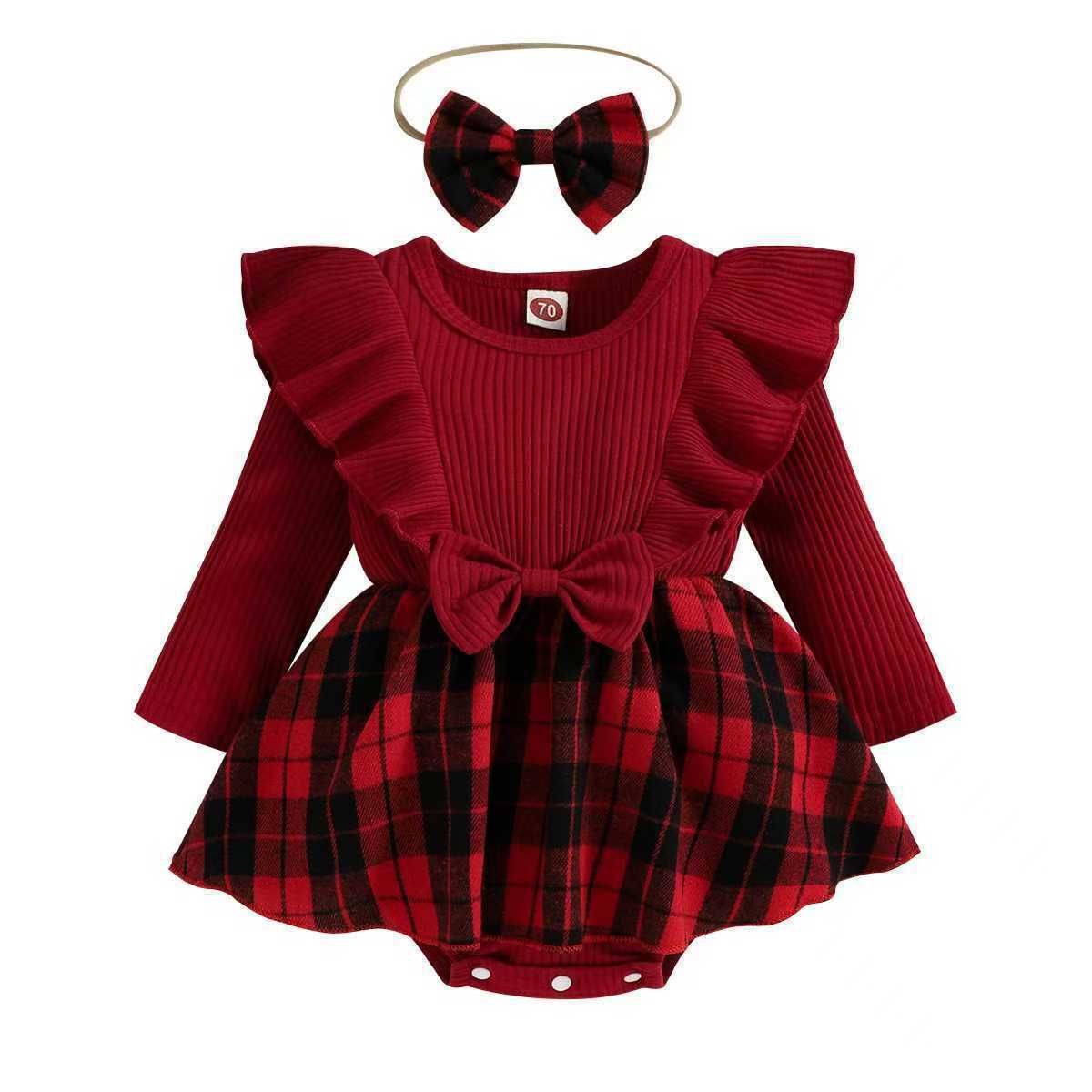 Burgundy Plaid Dress with Headband