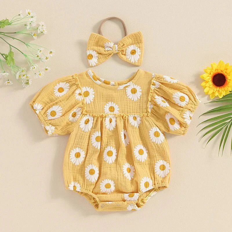 Daisy Puff Sleeve Romper with Headband - Betina Baby & Kids