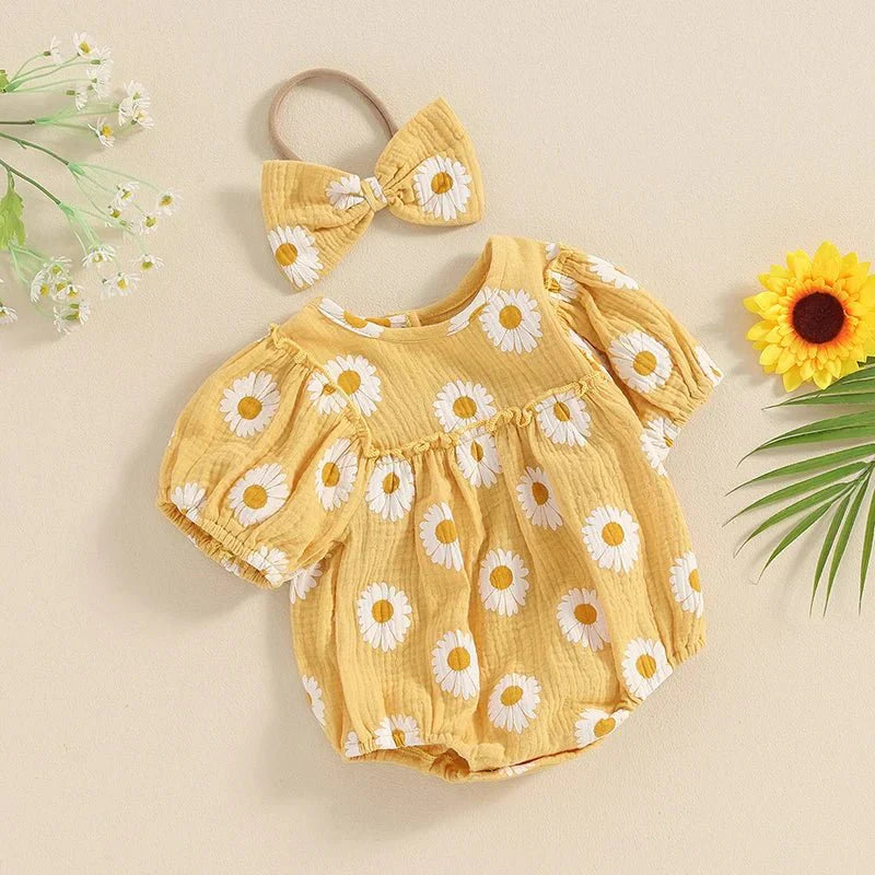 Daisy Puff Sleeve Romper with Headband - Betina Baby & Kids