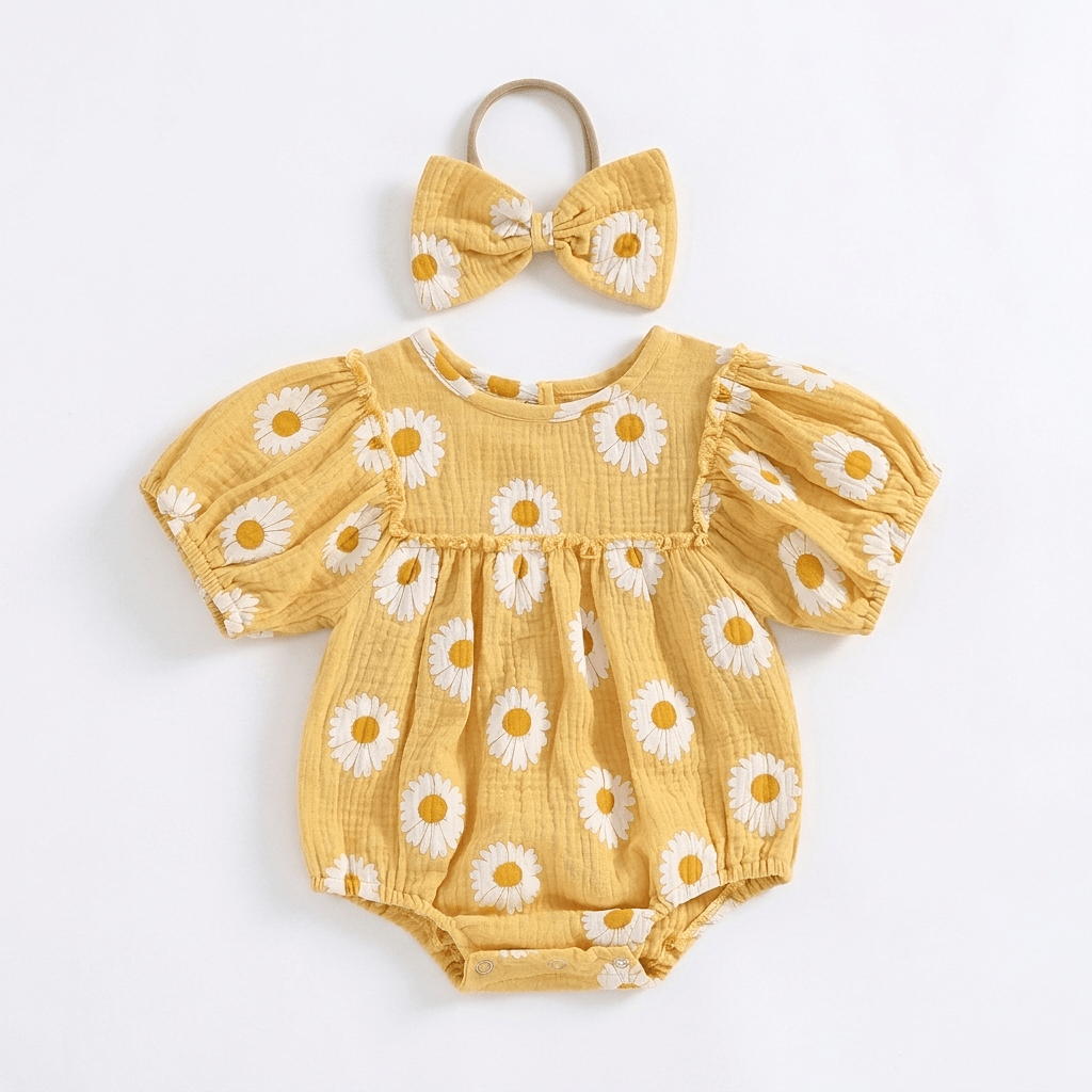 Daisy Puff Sleeve Romper with Headband - Betina Baby & Kids
