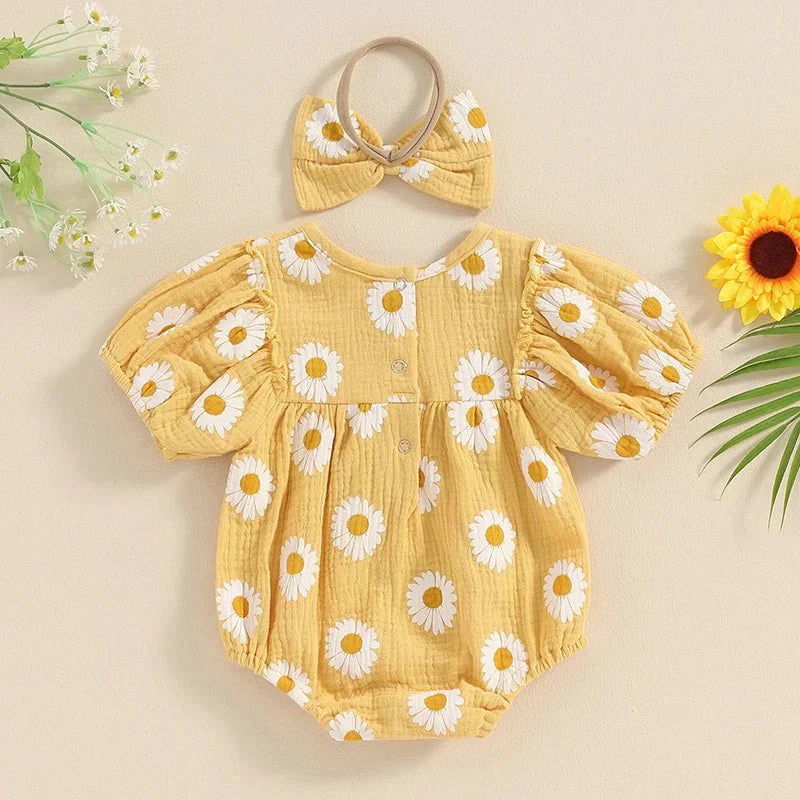 Daisy Puff Sleeve Romper with Headband - Betina Baby & Kids