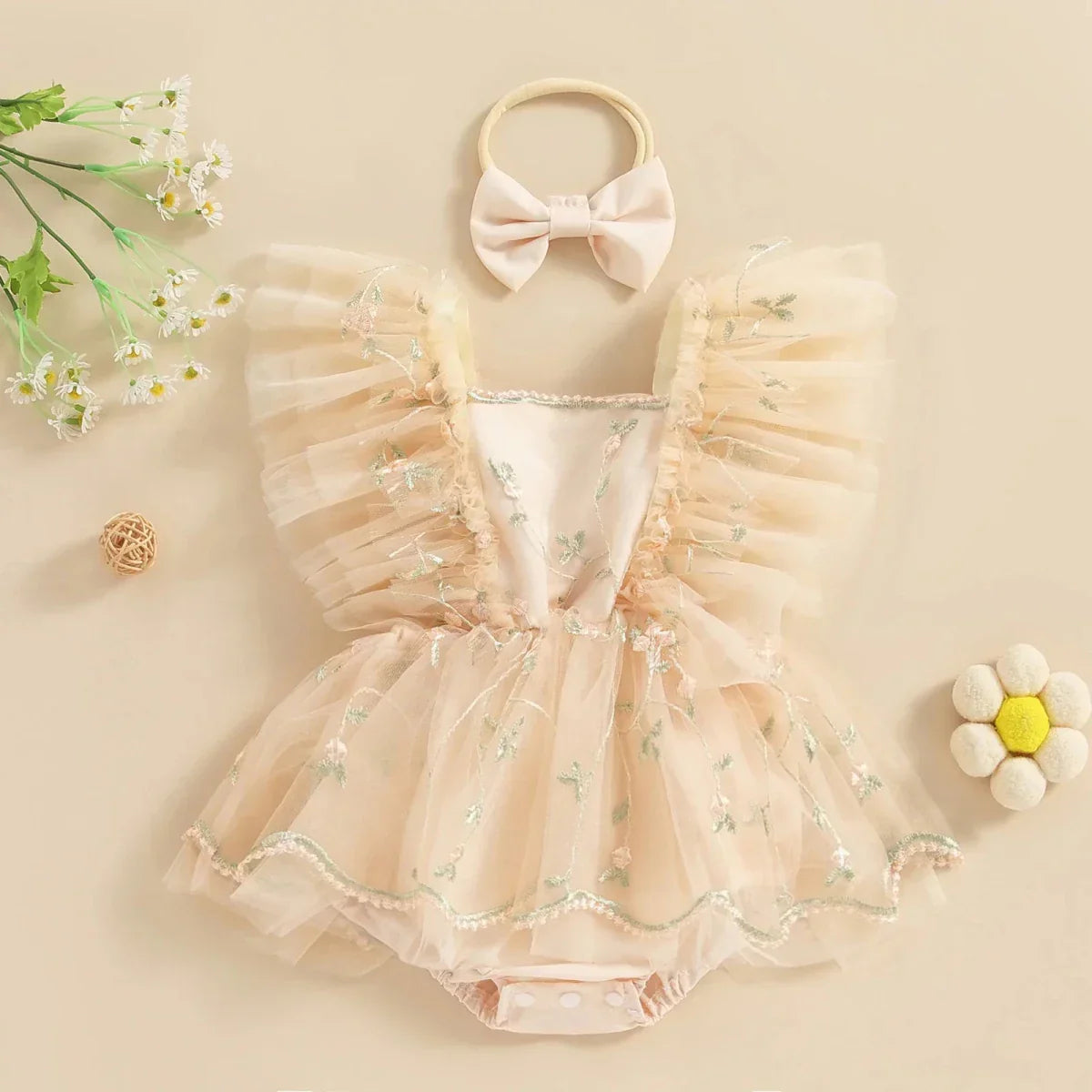 Embroidered Tulle Baby Dress with Bow - Betina Baby & Kids