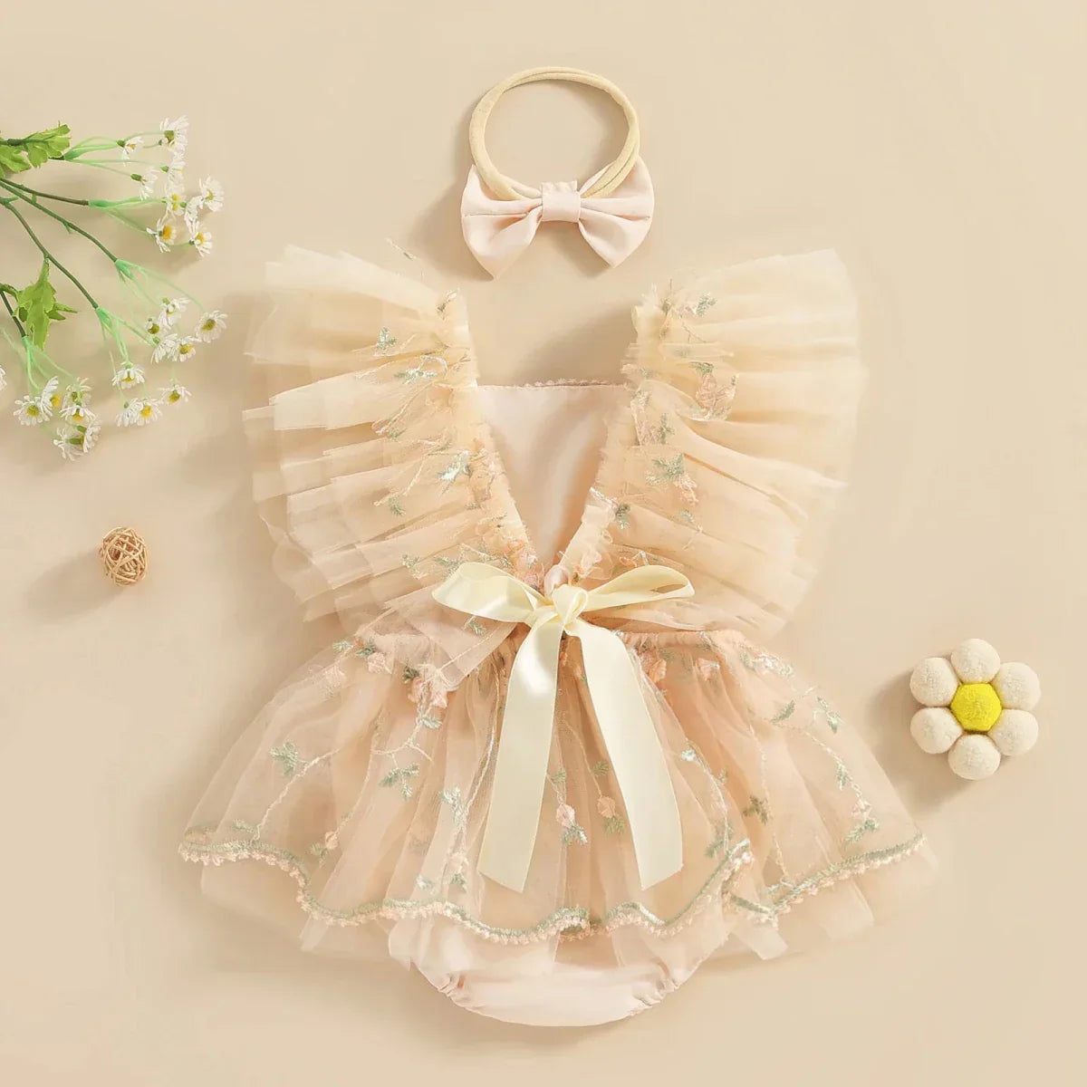 Embroidered Tulle Baby Dress with Bow - Betina Baby & Kids