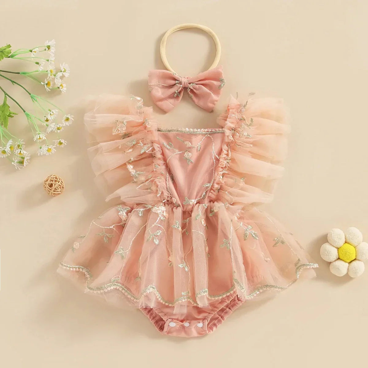 Embroidered Tulle Baby Dress with Bow - Betina Baby & Kids