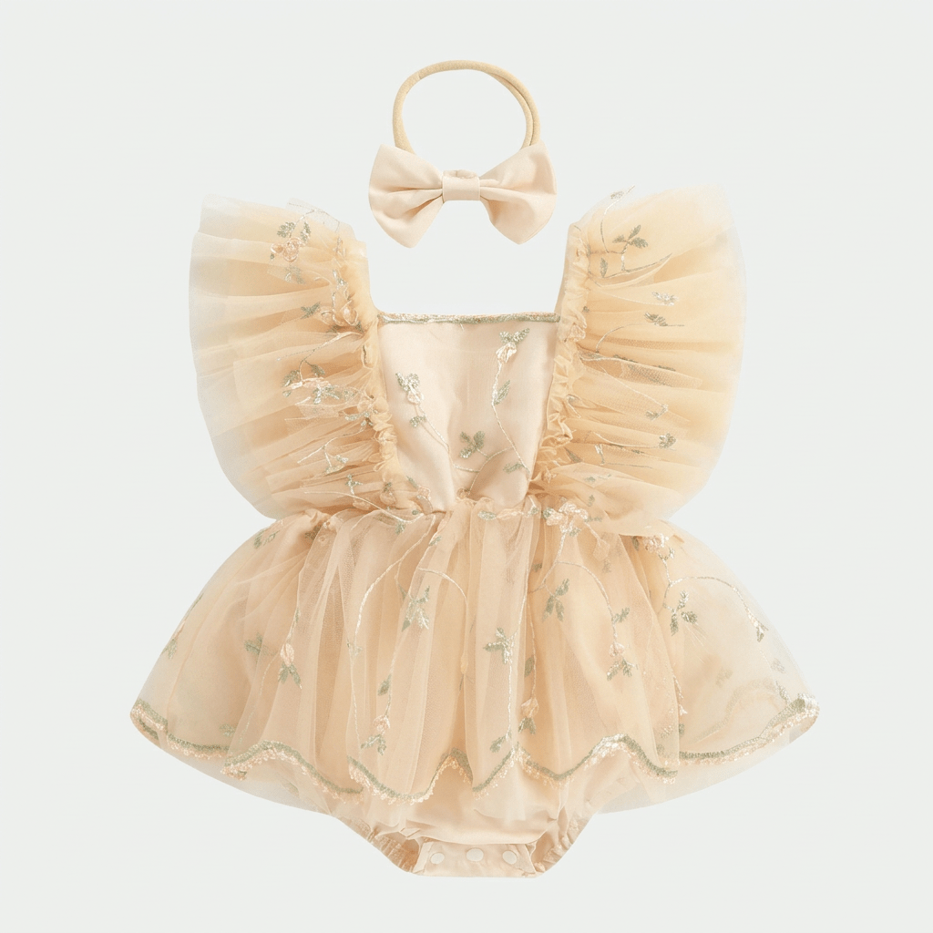Embroidered Tulle Baby Dress with Bow - Betina Baby & Kids
