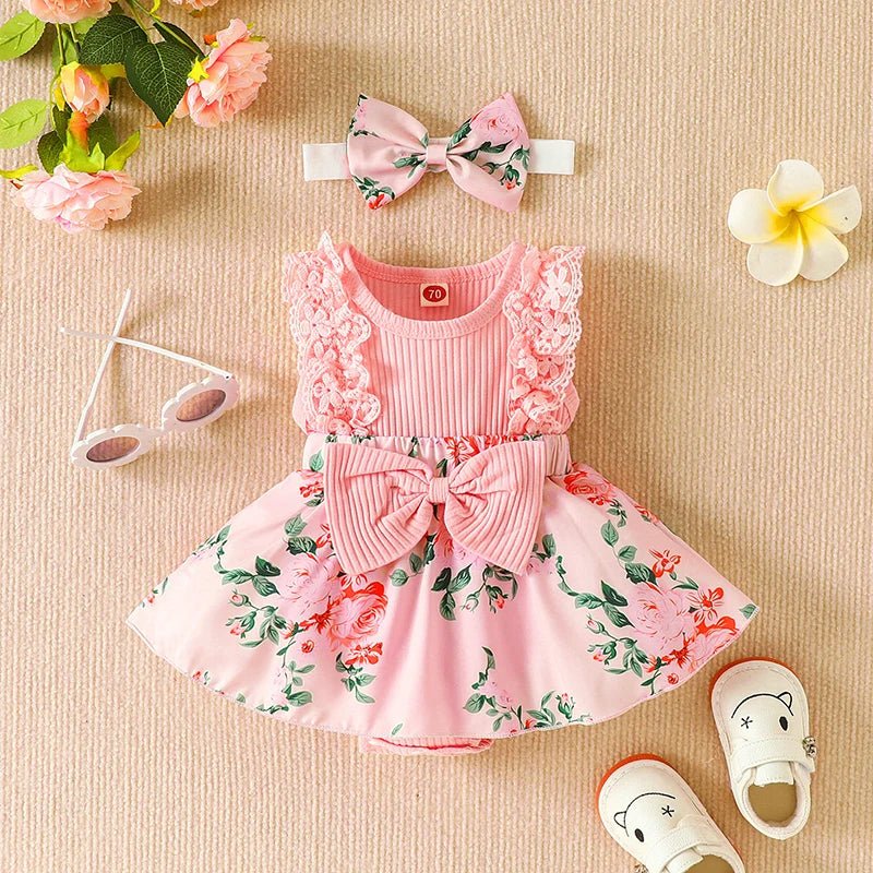 Floral Lace Romper Dress with Headband - Betina Baby & Kids