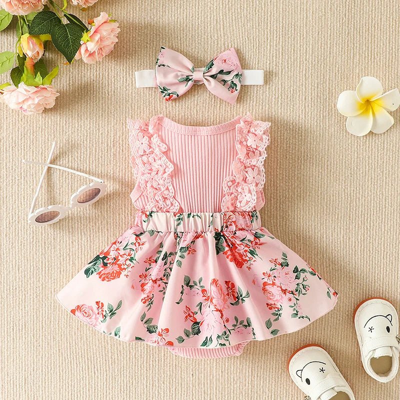 Floral Lace Romper Dress with Headband - Betina Baby & Kids