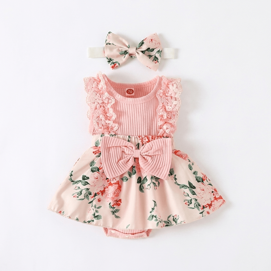 Floral Lace Romper Dress with Headband - Betina Baby & Kids