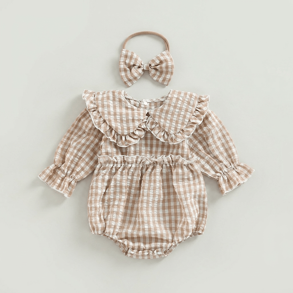 Gingham Ruffle Collar Romper with Bow - Betina Baby & Kids