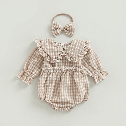 Gingham Ruffle Collar Romper with Bow - Betina Baby & Kids