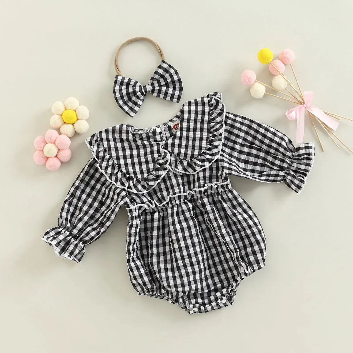 Gingham Ruffle Collar Romper with Bow - Betina Baby & Kids