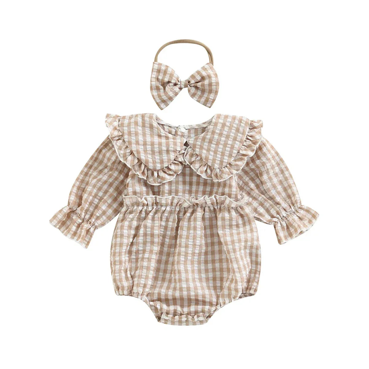Gingham Ruffle Collar Romper with Bow - Betina Baby & Kids