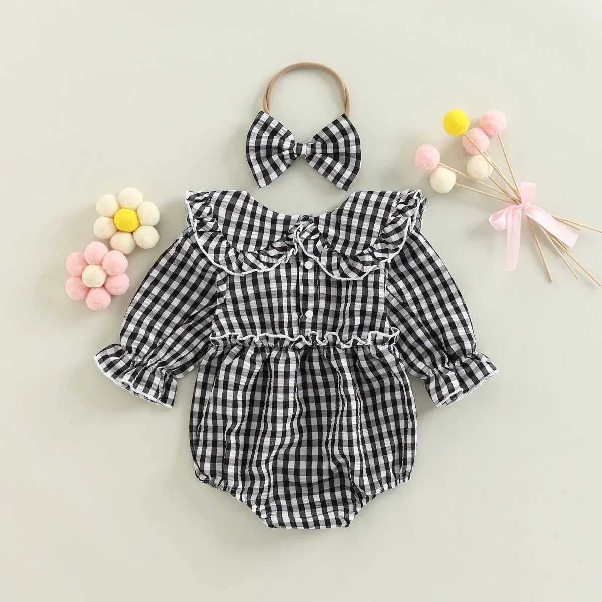 Gingham Ruffle Collar Romper with Bow - Betina Baby & Kids