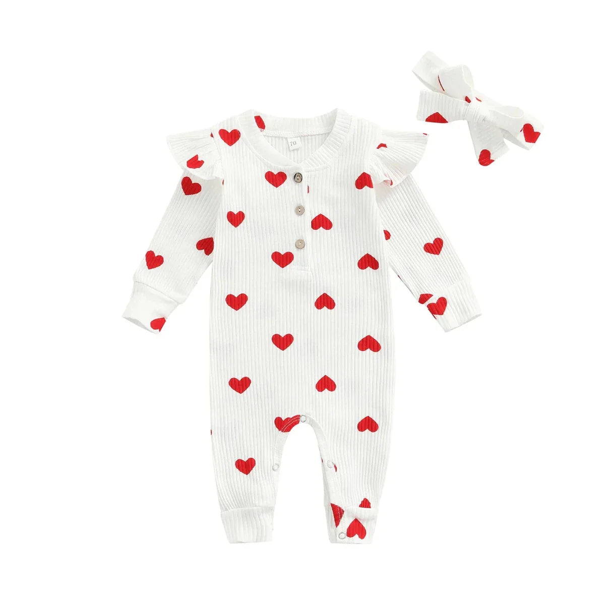 Heart Print Baby Romper with Bow Headband - Betina Baby & Kids