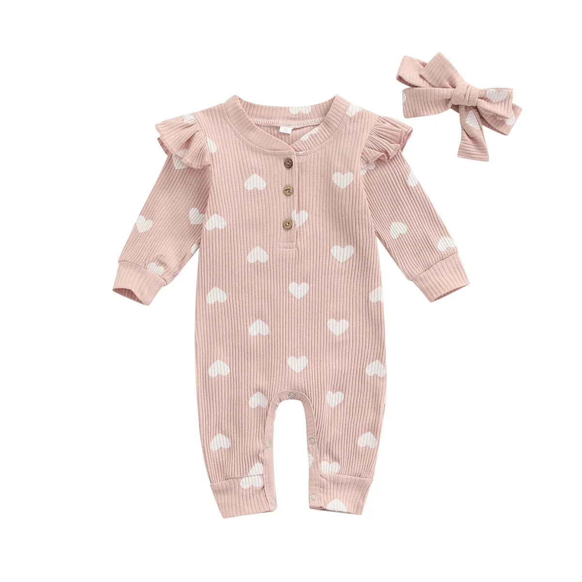 Heart Print Baby Romper with Bow Headband - Betina Baby & Kids