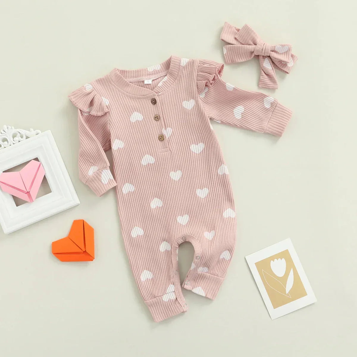 Heart Print Baby Romper with Bow Headband - Betina Baby & Kids