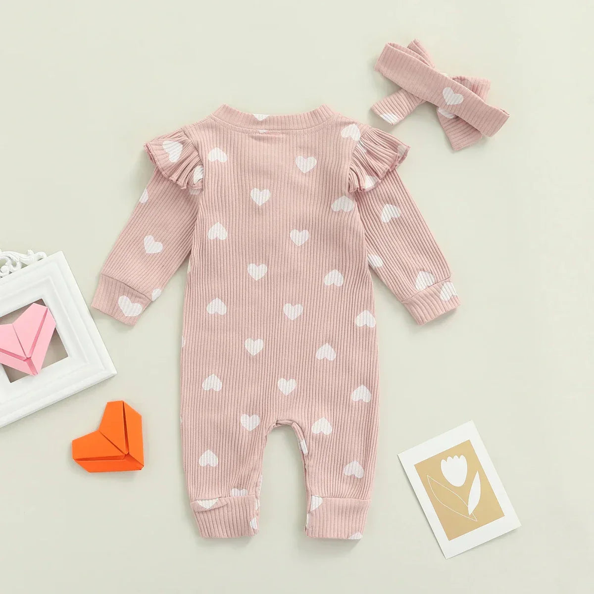 Heart Print Baby Romper with Bow Headband - Betina Baby & Kids