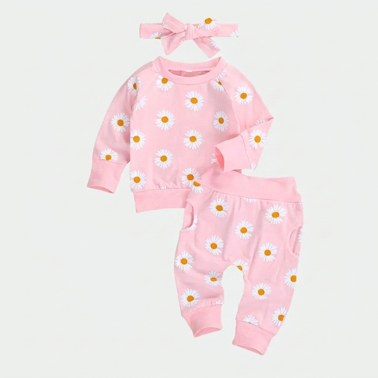 Daisy Print Baby Set with Bow Headband