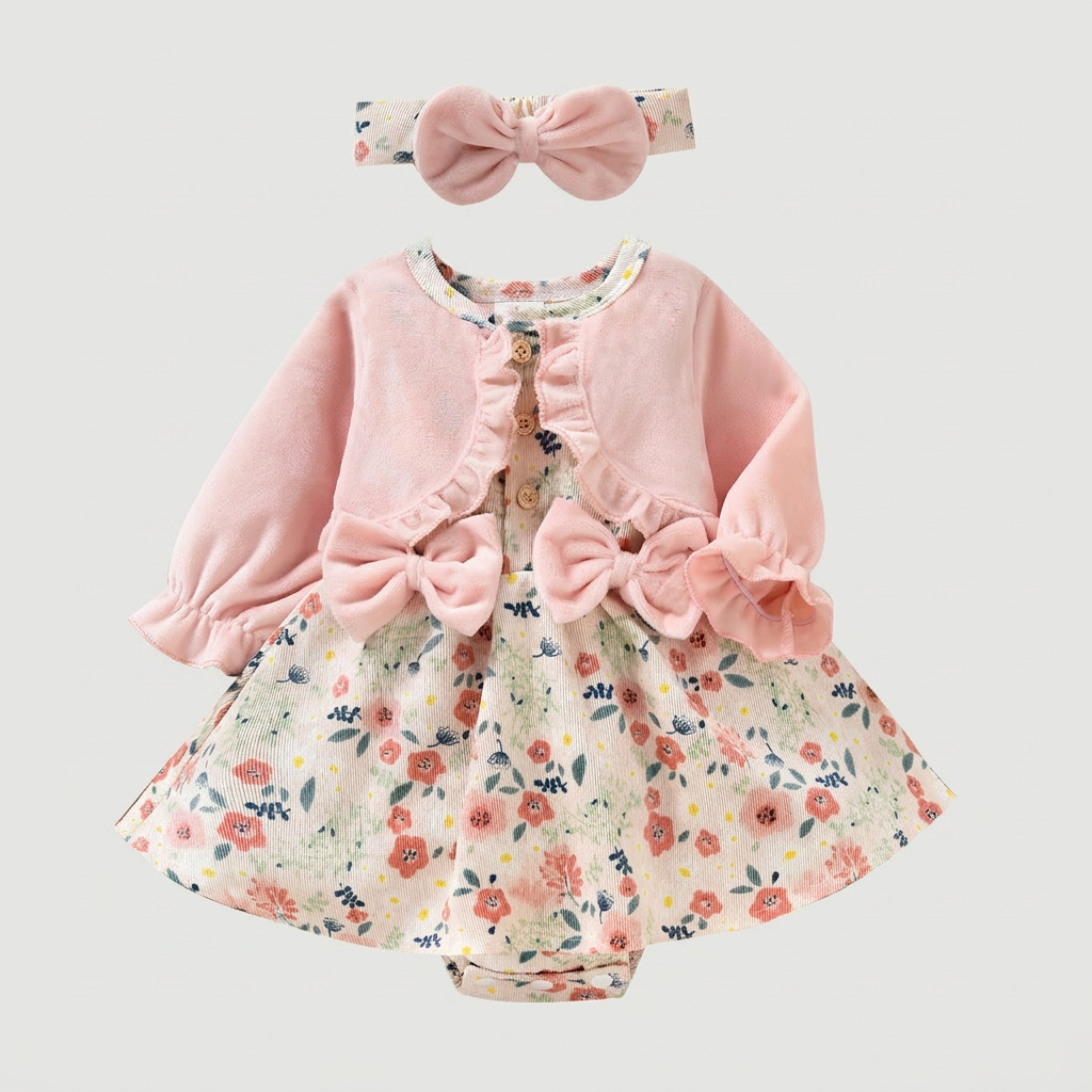 Floral Baby Dress with Cardigan & Bow