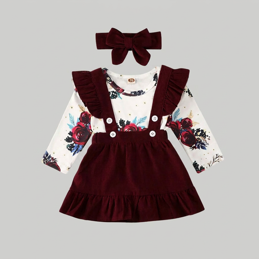 Floral Bodysuit & Suspender Skirt Set with Bow