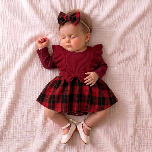 Burgundy Plaid Dress with Headband