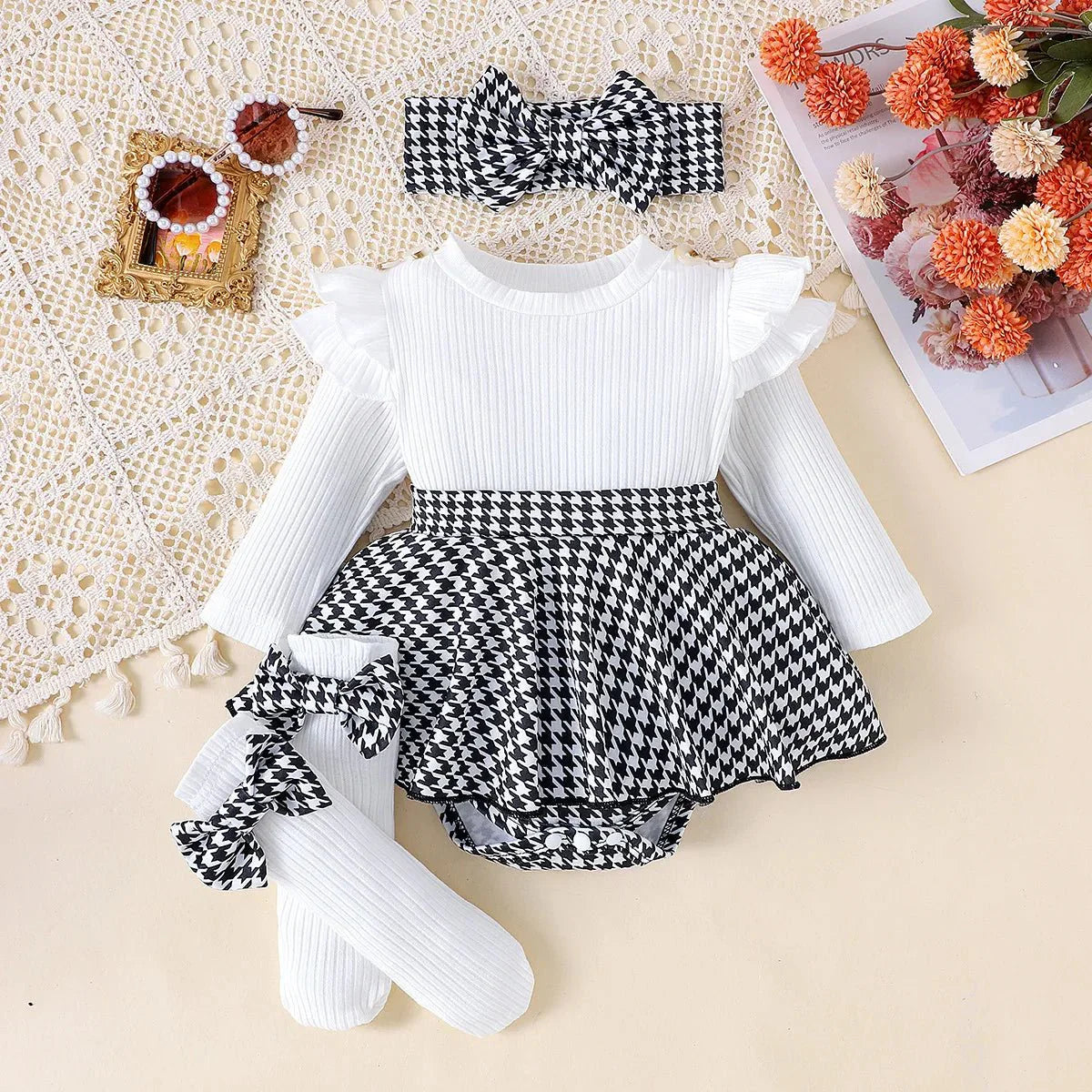 Maison Elegance Houndstooth Long Sleeve Dress 3 Pçs - Betina Baby & Kids