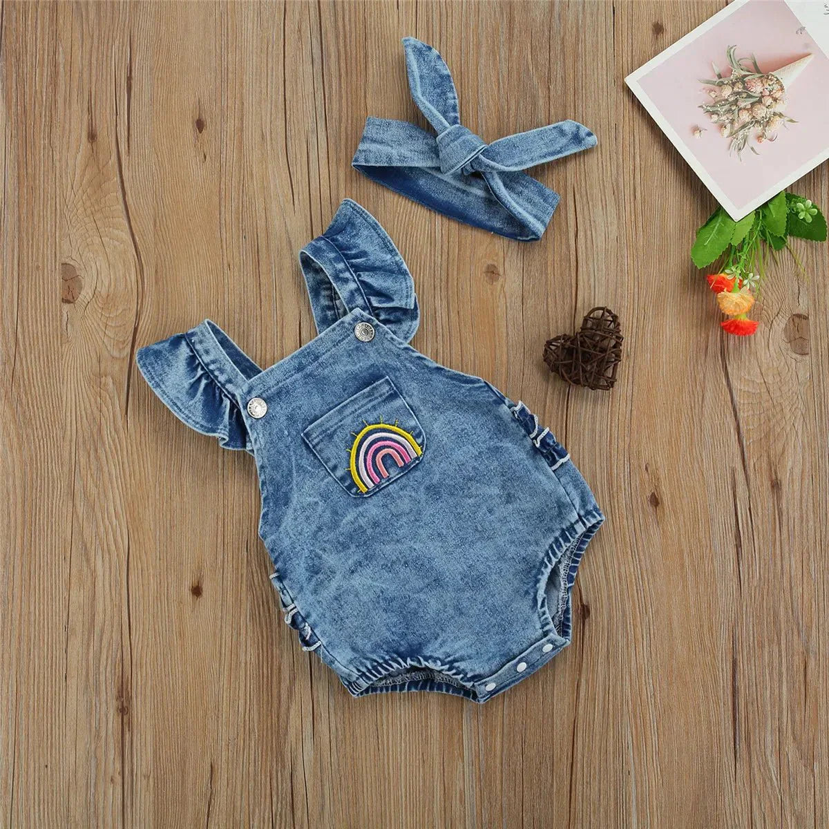 Rainbow Denim Romper with Headband - Betina Baby & Kids
