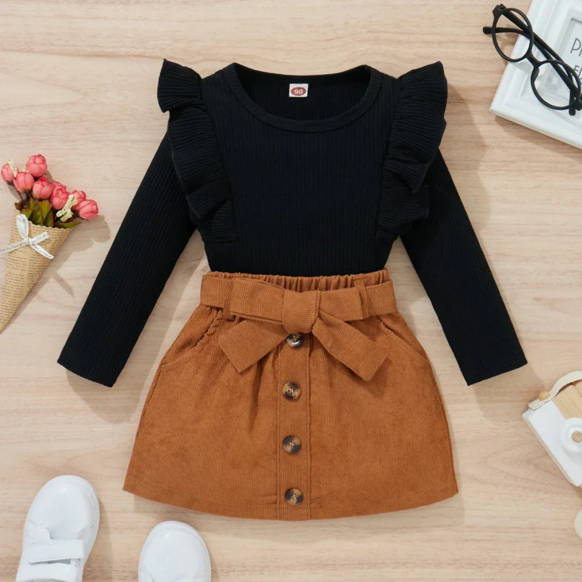 Ruffle Top & Corduroy Bow Skirt Set - Betina Baby & Kids